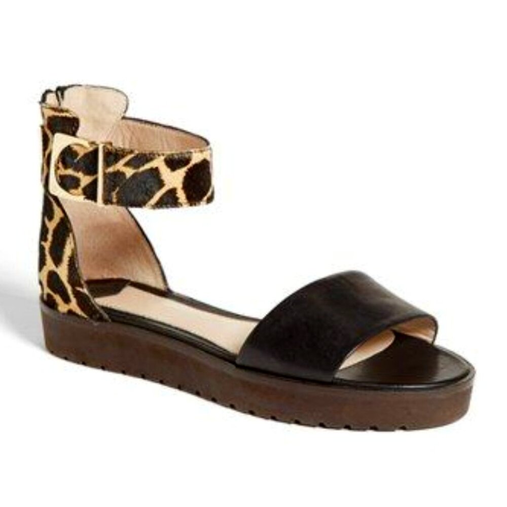 10 Crosby Derek Lam Black and Animal Print Sandals